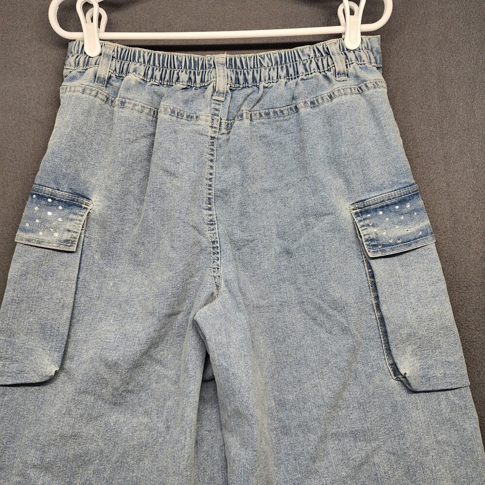 Madden NYC Jeans Women M Blue Wide Leg Cargo Raw Hem Utility Rhinestones Skater - Picture 12 of 15